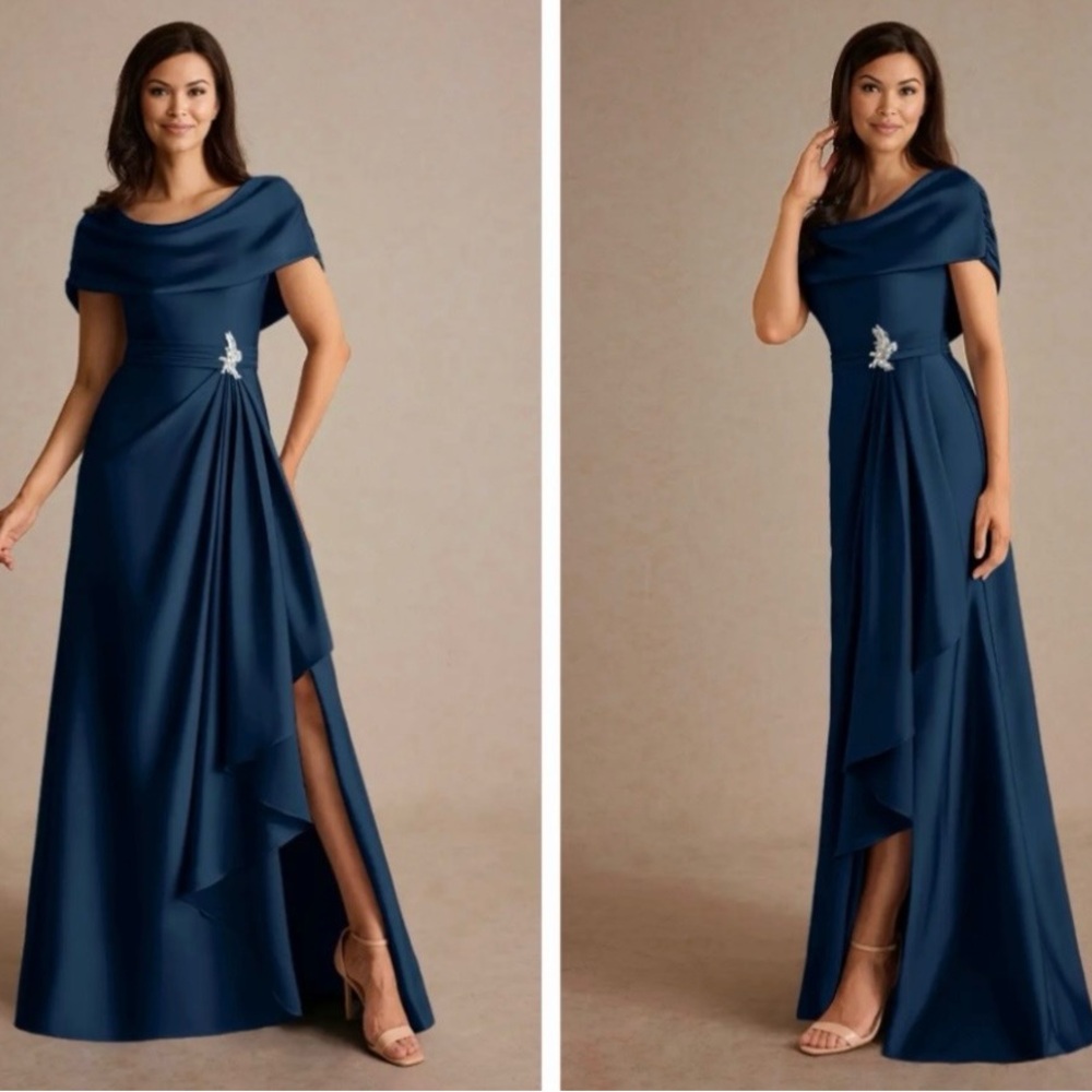 Azazie Navy Blue Off-Shoulder Draped Evening Gown with Side Brooch